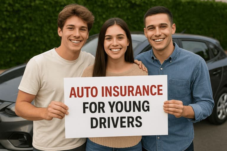 Young drivers holding an auto insurance sign