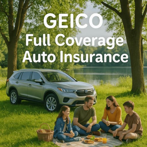 Driver reviewing GEICO full-coverage auto policy on a tablet